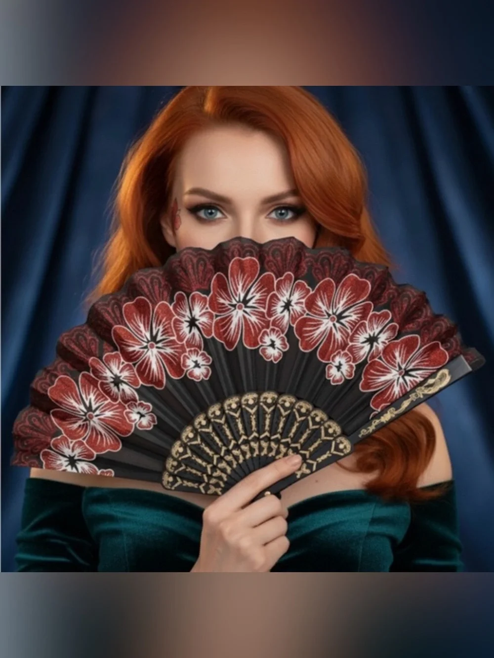 ✨NEW Black and Red Floral Hand Fan - Women Accessories